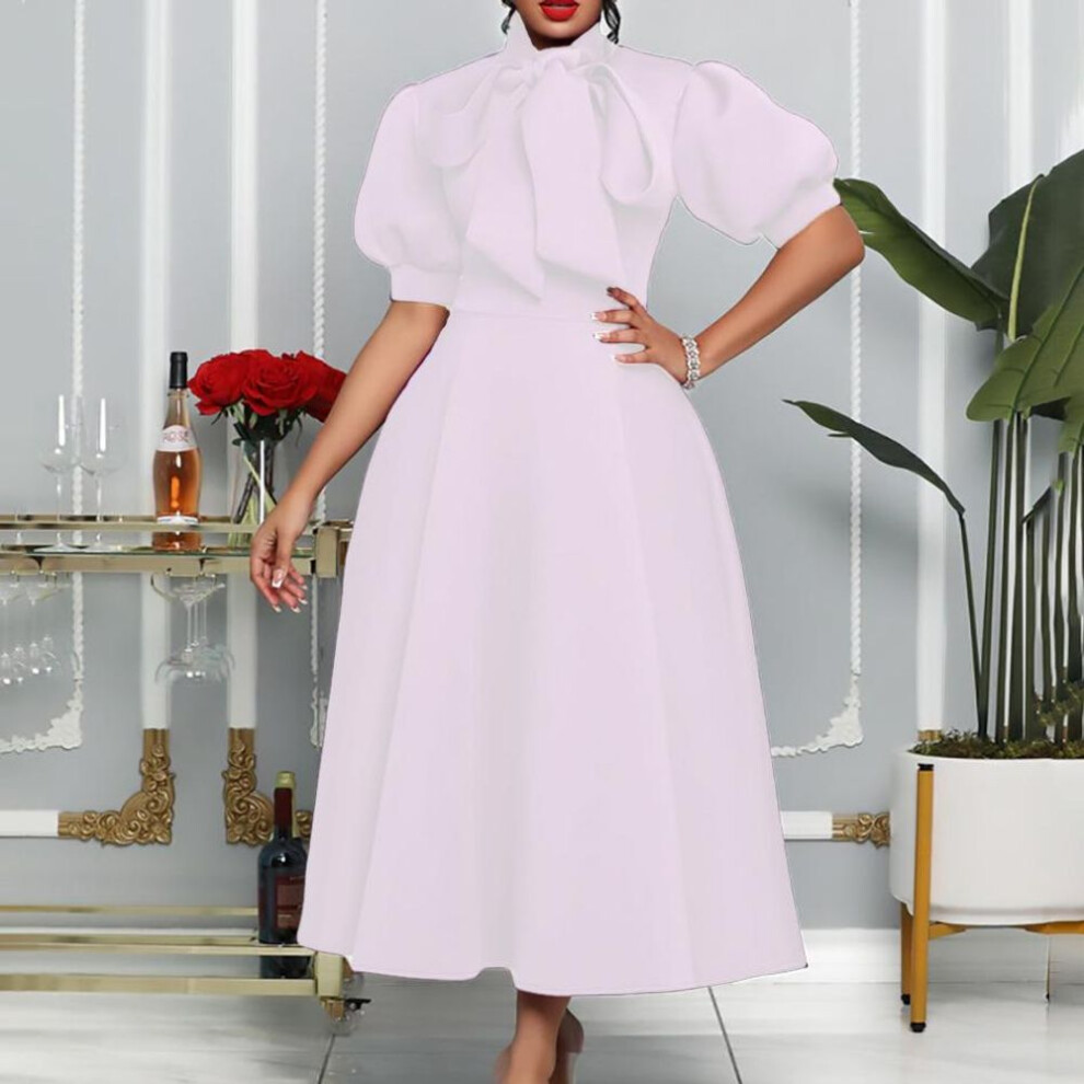 (white, XL) 2024 Summer Solid Color Plus Size Lace Bow Swing Dress For Women