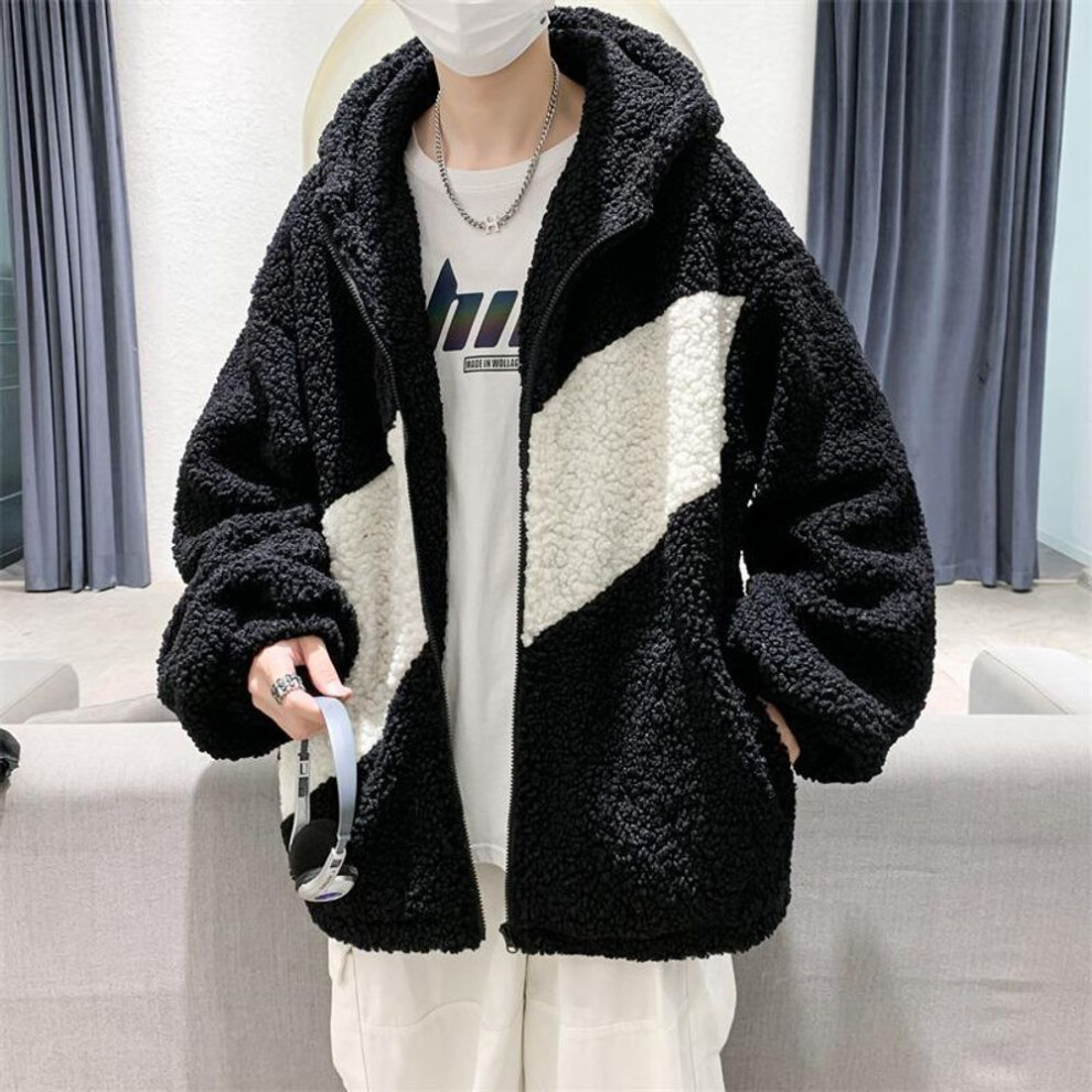 (white, 2XL) Men's Trendy Lamb Wool Hooded Jacket - Hip-Hop Style, Thickened and Loose, Hong Kong & Korean Influence for Autumn/Winter