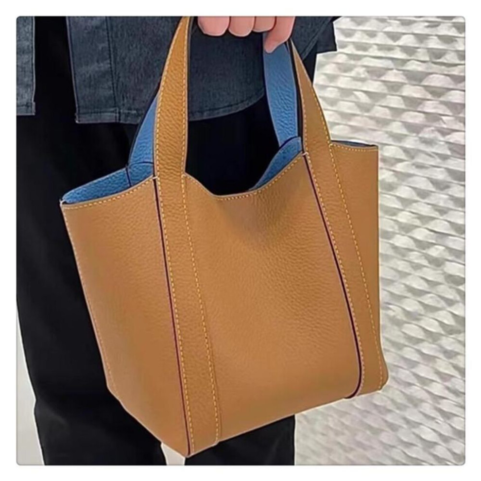 (Brown with Blue) 2024 Monet Double-sided Leather Tote Bag Cowhide Bucket Handbag For Women