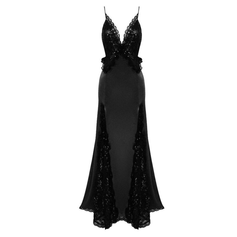(black, Extra Small) Black French Lace Satin Suspender Maxi Dress - Summer Collection