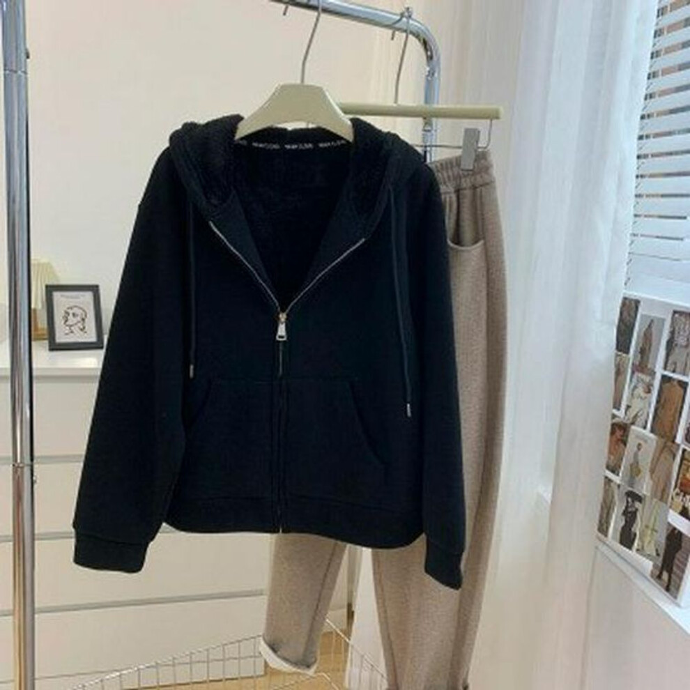 (black, M) "women's Japanese Retro Casual Zipper Jacket - Autumn/winter 2023, Loose Fit, Plus Velvet, Thickened Cardigan Style