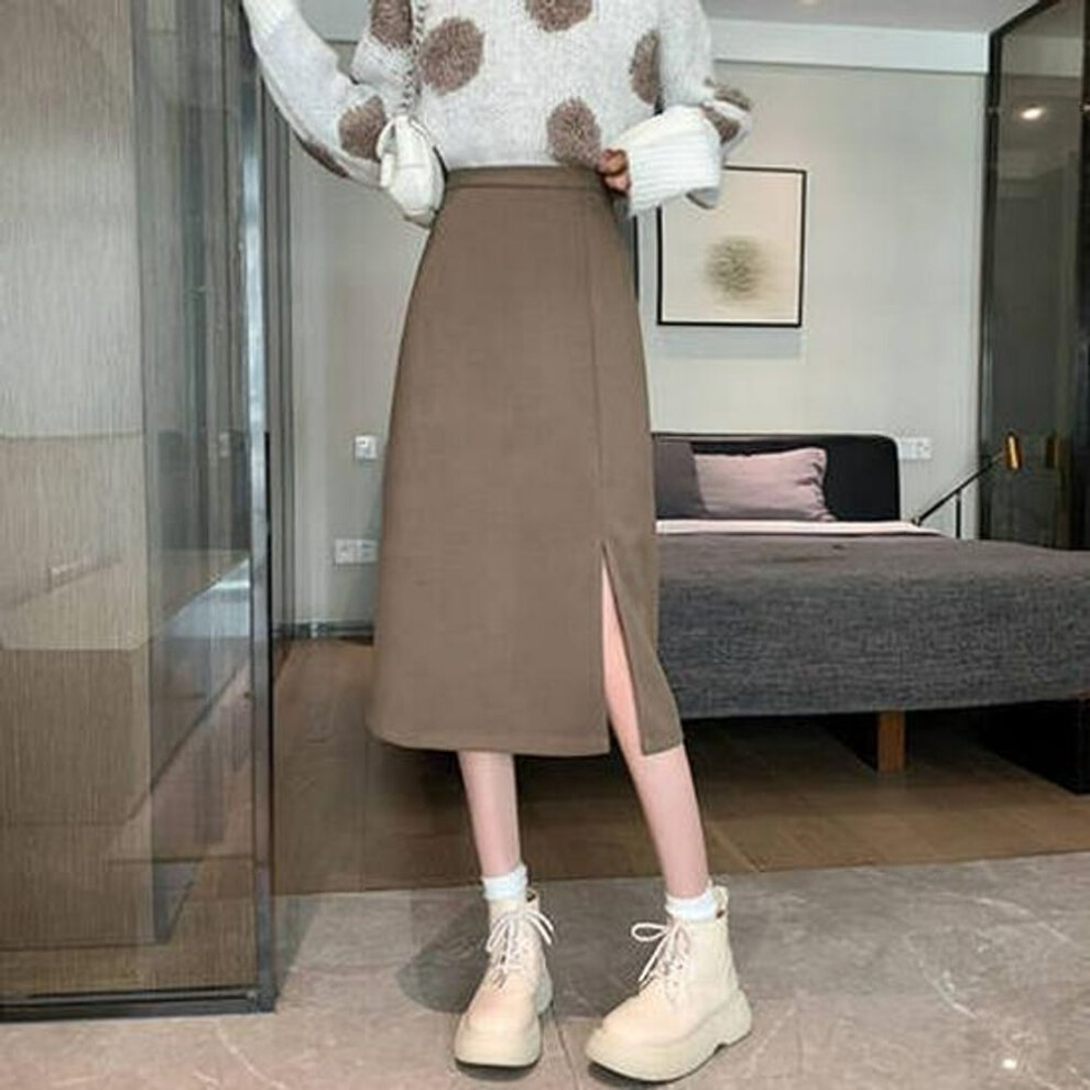 (coffee, 2XL) Coffee Color Women's Mid-length A-line Summer Slit Skirt 022