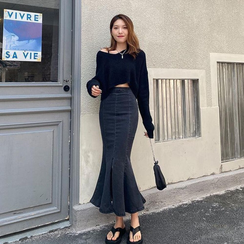 (black, XL) Women's 2022 High Waist Elastic Denim Skirt, Hong Kong Chic Style With Slit And Fishtail Design