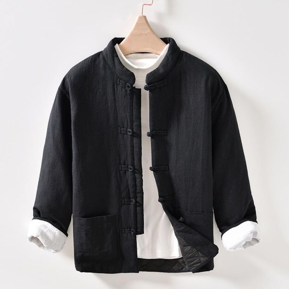 (black, L) Men's Chinese Retro Stand Collar Cotton Coat - Warm Autumn/winter Tang Suit Style
