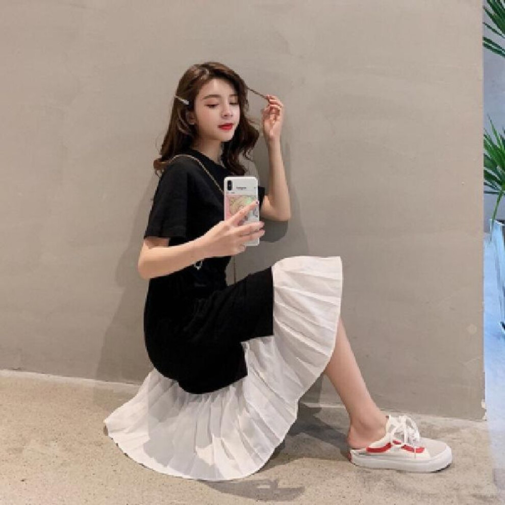 (black, 3XL) Korean Style Loose Fit Maternity Dress - Two-piece Spliced Design, Over-knee Length, Casual Summer Wear