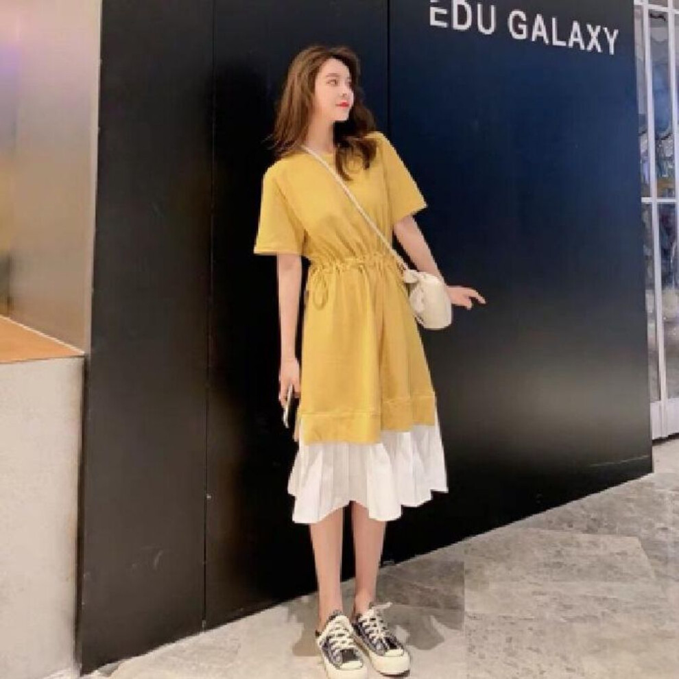 (yellow, 3XL) Korean Style Loose Fit Maternity Dress - Two-piece Spliced Design, Over-knee Length, Casual Summer Wear