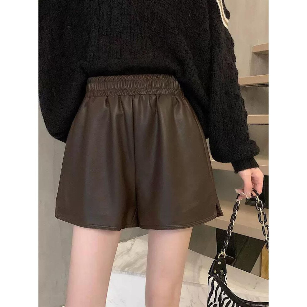 (coffee, 2XL) New PU Leather Wide-Leg Outer Shorts for Women - Autumn/Winter Fashion, 23 Waist, Loose Large Size, Slim Tall Design.