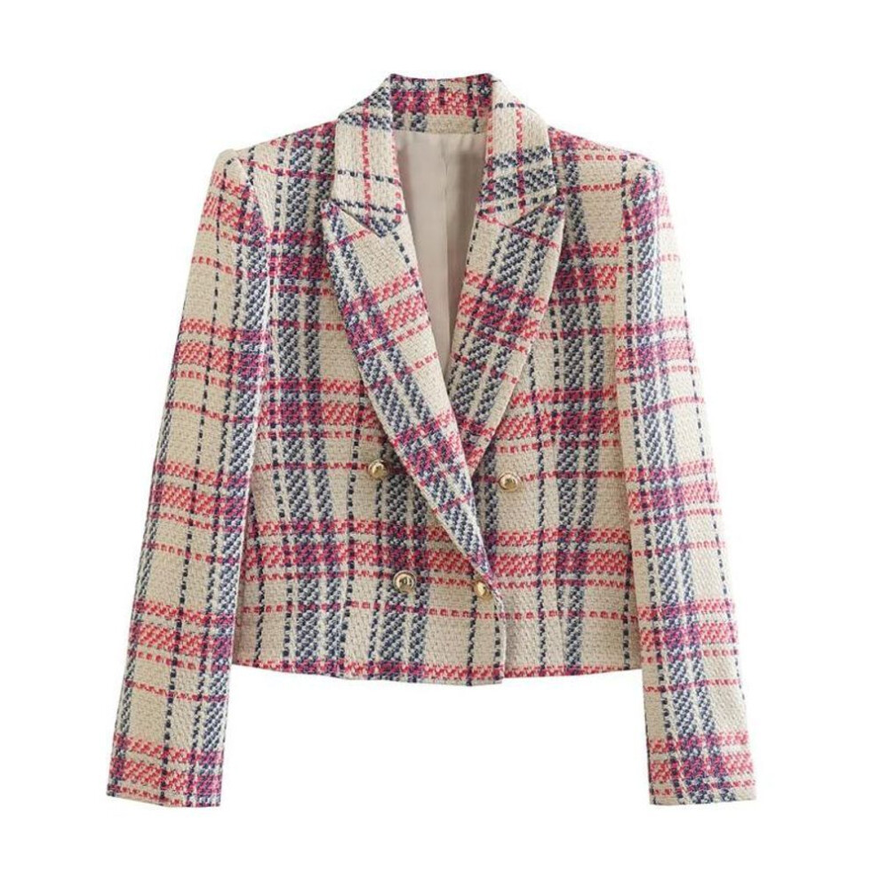 (Extra Small) 2023 Spring Zaura Women's Plaid Woolen Double-Breasted Slim-Fit Suit Jacket