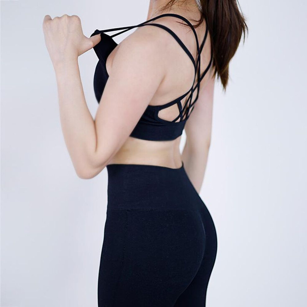 (black, M) "Women's Double Strap Yoga Set: Stylish Back Fitness Bra & High-Waist Lifting Pants