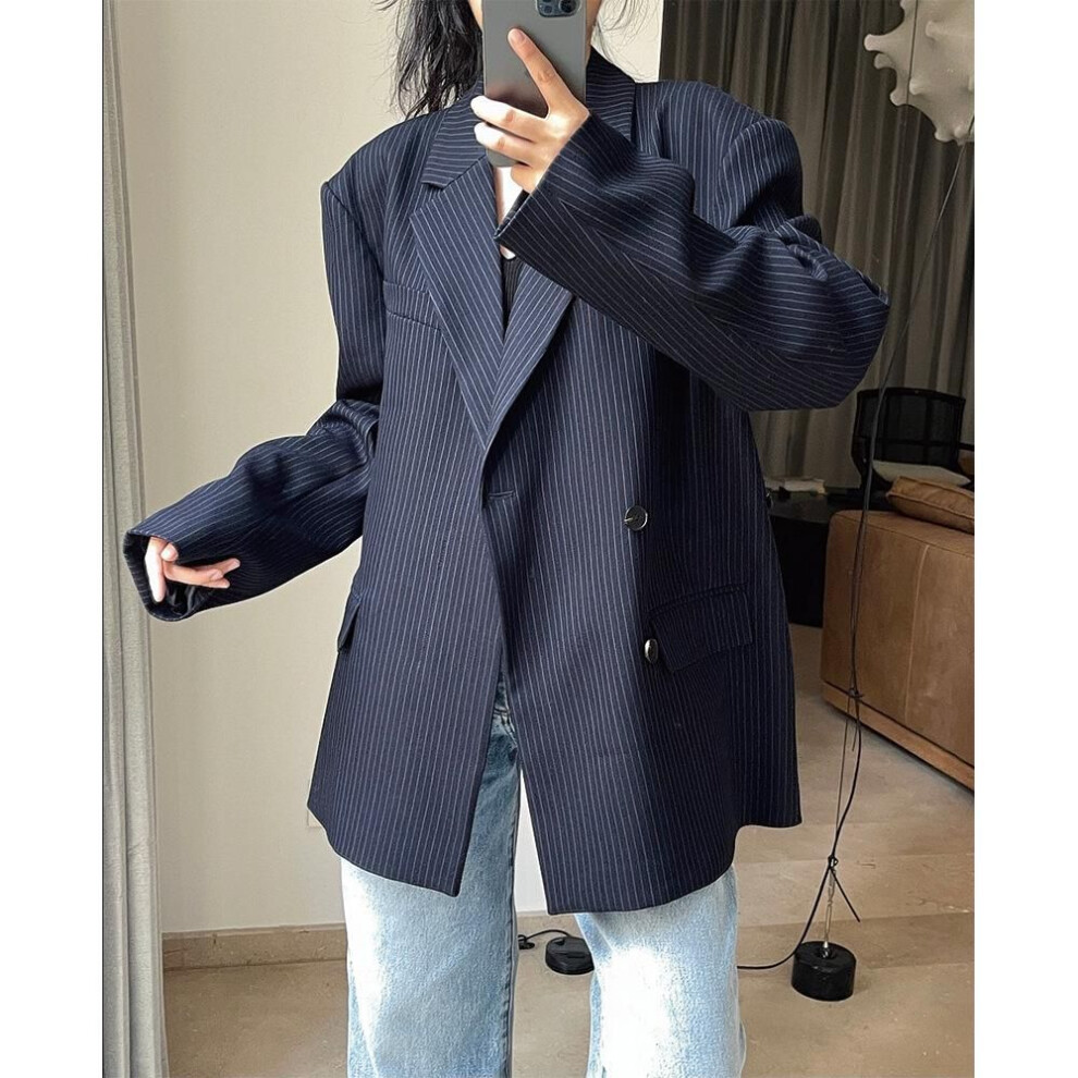 (Medium) "louvre Korean Retro Modern Striped Shoulder Pad Suit Jacket For Women