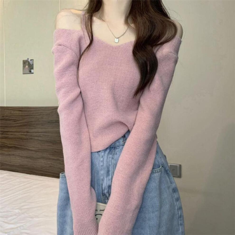 (purple, One Size) Sweet And Sexy Off-shoulder V-neck Long-sleeve Sweater For Women - New Autumn Collection