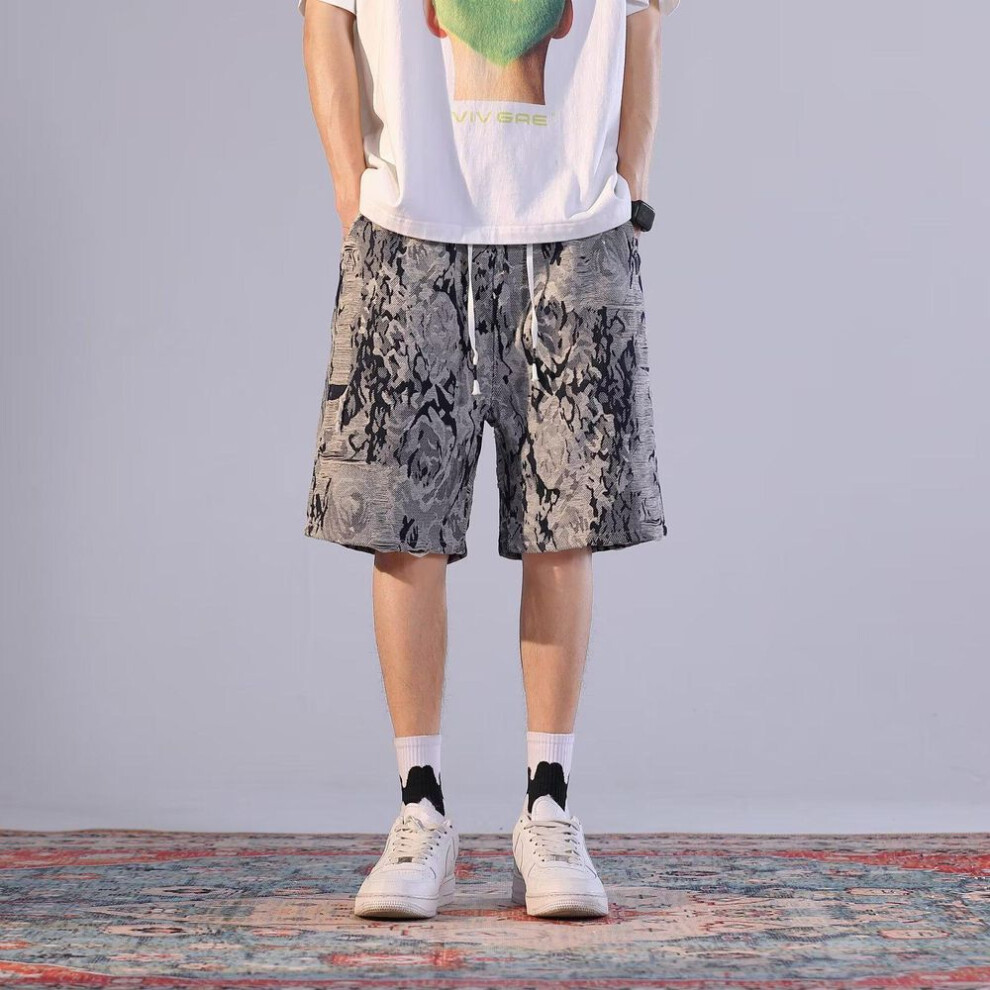 (3XL) Men's Summer Floral Denim Shorts - Stylish, Versatile, and Casual Blue & White Porcelain Design.