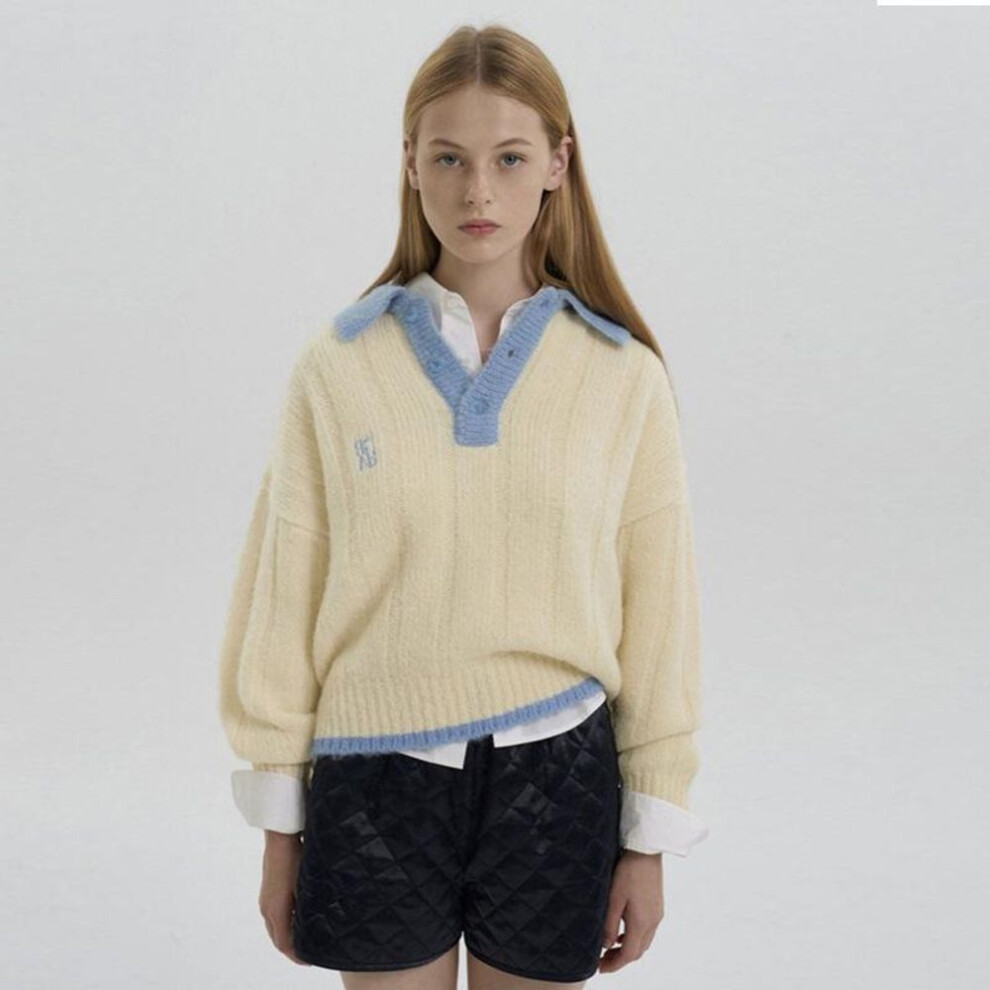 (off-white, One Size) "women's Lazy Korean Mohair Button-down Lapel Sweater: Autumn/winter Embroidered Long-sleeve Knit Pullover