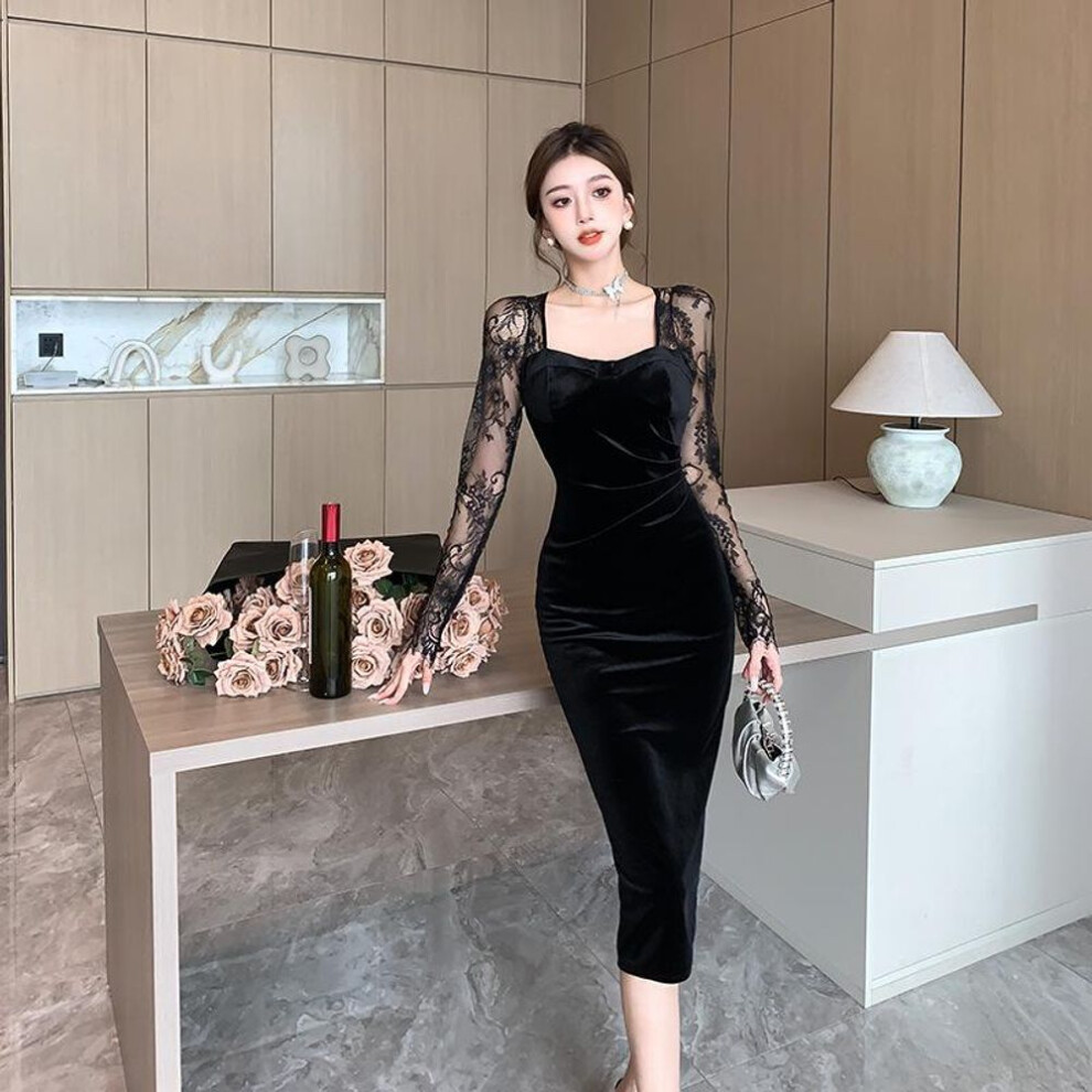 (black, Large) Celebrity Style Lace and Velvet Splicing Slim Fit Banquet Dress for Women