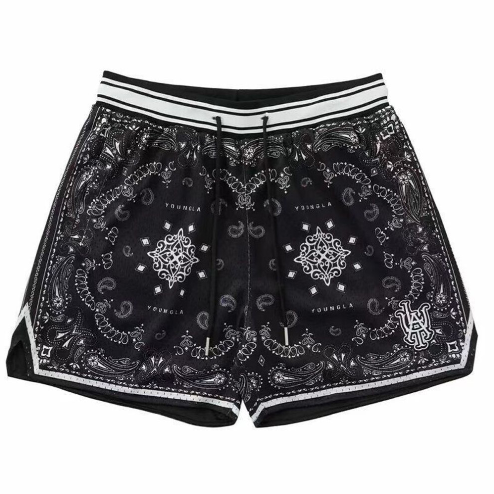 (black, M) "Men's Cashew Flower Mesh Shorts - Quick-Drying, Breathable, Knee-Length Basketball & Leisure Wear