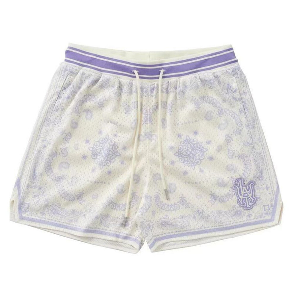(lavender purple, S) "Men's Cashew Flower Mesh Shorts - Quick-Drying, Breathable, Knee-Length Basketball & Leisure Wear