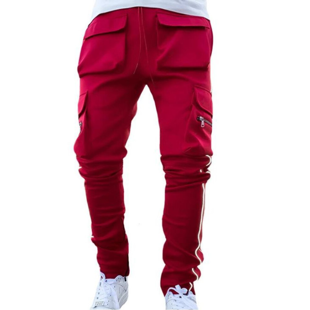 (red, 2XL) Men's Slim-Fit Reflective Multi-Pocket Sports Trousers for Spring and Autumn
