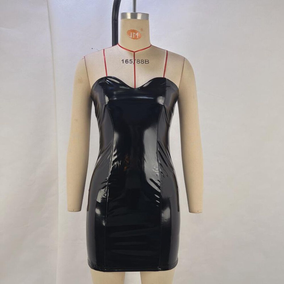 (black, XL) "european And American Women's Mirror Pu Off-shoulder Tube Top Dress