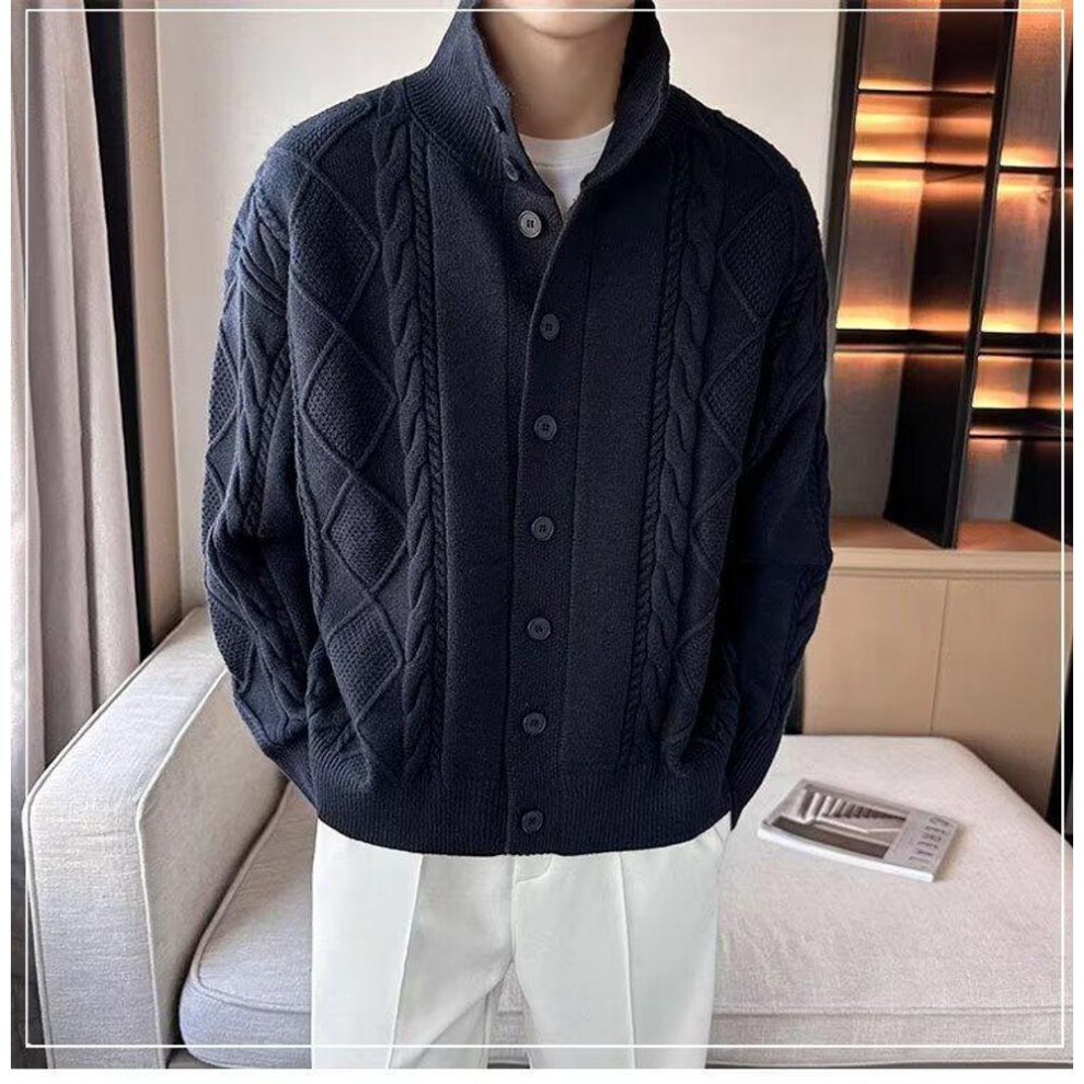 (navy blue, 3XL) Men's 2023 Autumn/winter Korean Style Chunky Knit Cardigan - Loose Fit, Solid Color Sweater Jacket
