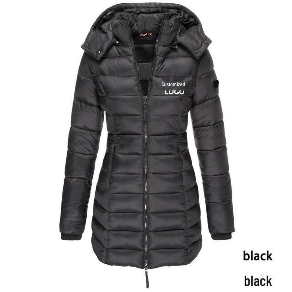 (black, L) European Winter Women's Mid-Length Slim Hooded Cotton Coat - Solid Color with Logo Printing
