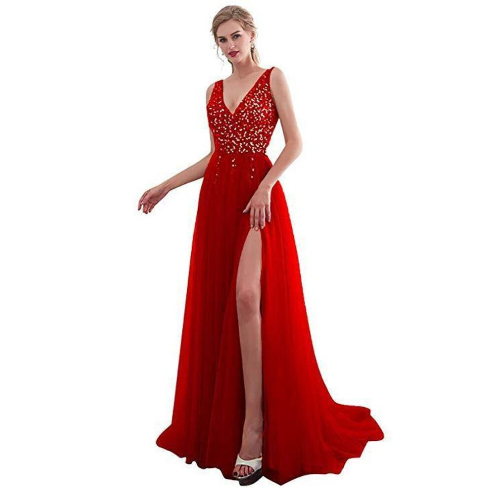 (red, Small) "2025 Pink Embroidered Sequin Deep V Evening Gown