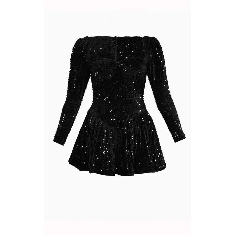 (black, Medium) "Sequin Long Sleeve Sexy Women's Spring/Summer Dress Short Skirt 087