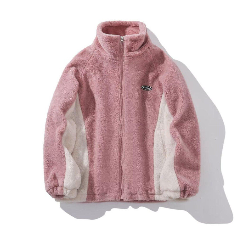 (pink, 2XL) "Unisex Lambskin Winter Coat with Velvet Lining – Trendy Loose Fit with Contrast Color Fleece.
