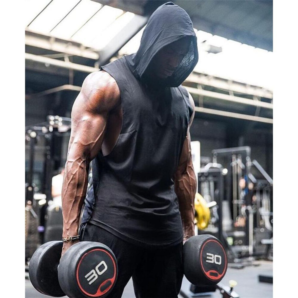 (black, XL) Men's Cotton Hooded Waistcoat For Bodybuilding Fitness