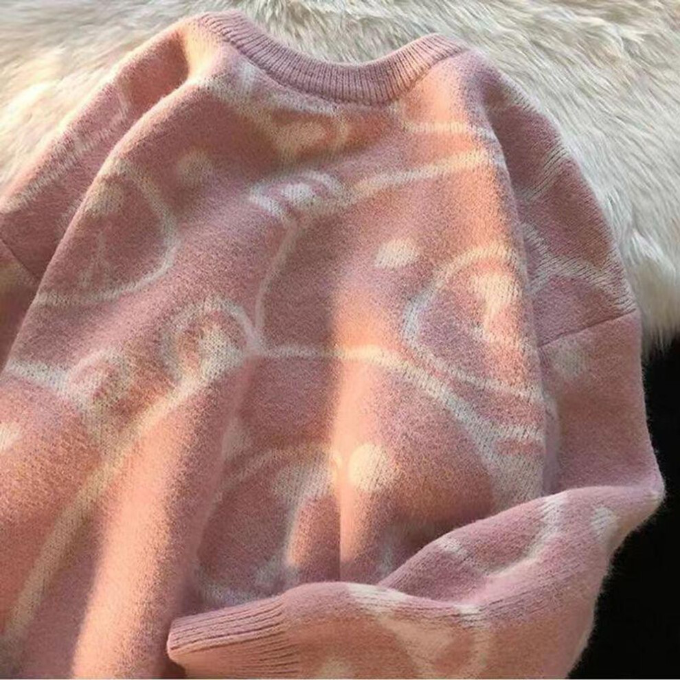 (pink, L) "Hong Kong Style Bear Couple Sweater: Unisex Loose Fit for Men and Women - Lazy Autumn/Winter 2022 Jacket