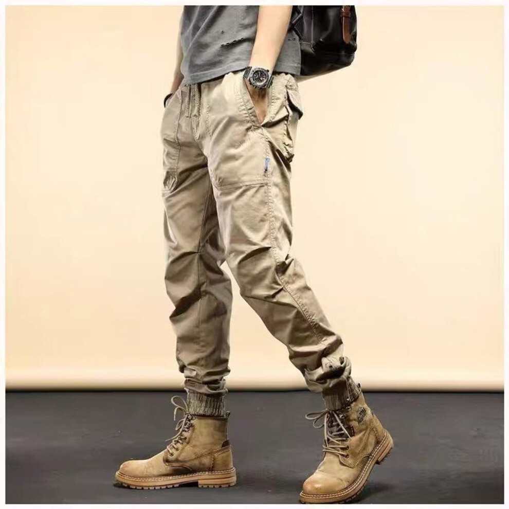 (khaki, 4XL) "Retro Hong Kong Style Wear-Resistant Overalls with Zippers & Pockets - Versatile for Spring/Autumn Sports & Casual Wear