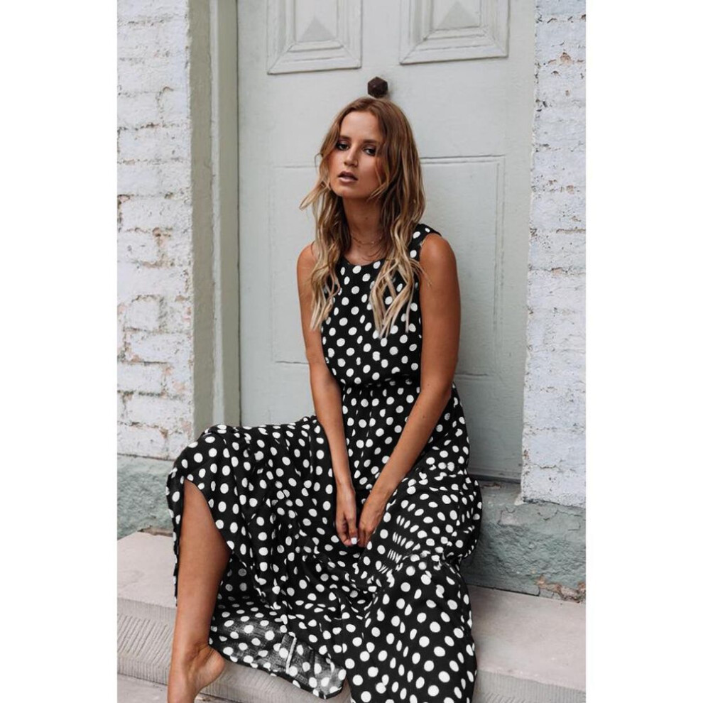 (black, Extra Large) "2022 Spring/Summer Polka Dot Round Neck Long Skirt Dress for Women