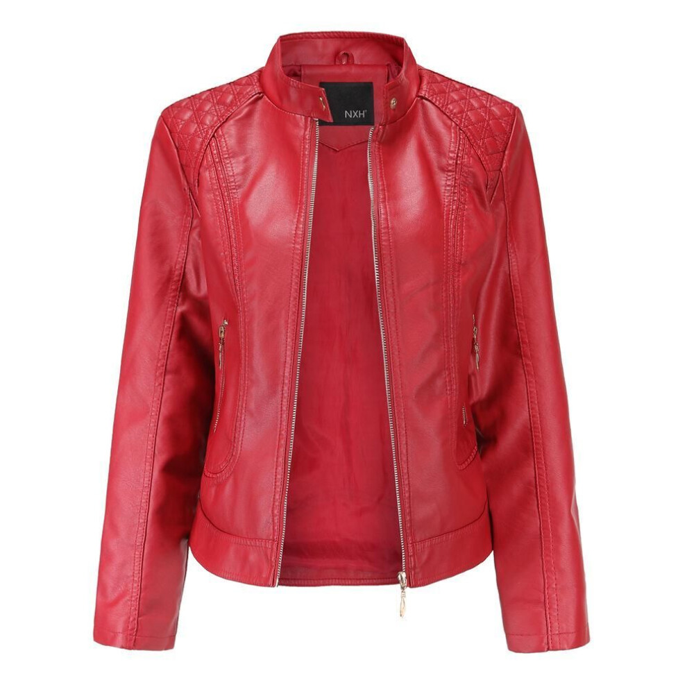 (red, XL) "2020 Spring/Autumn Women's Large-Size Stand-Up Collar PU Leather Jacket
