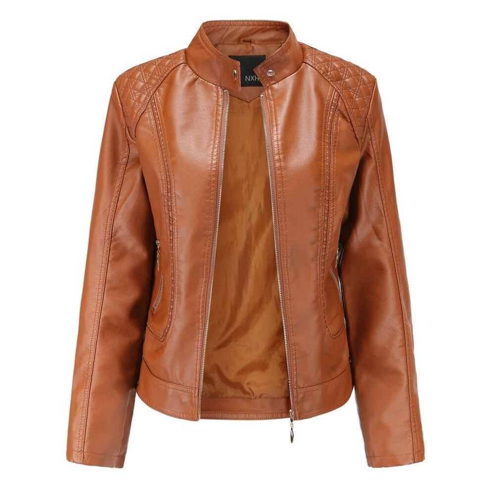 (brown, L) "2020 Spring/Autumn Women's Large-Size Stand-Up Collar PU Leather Jacket