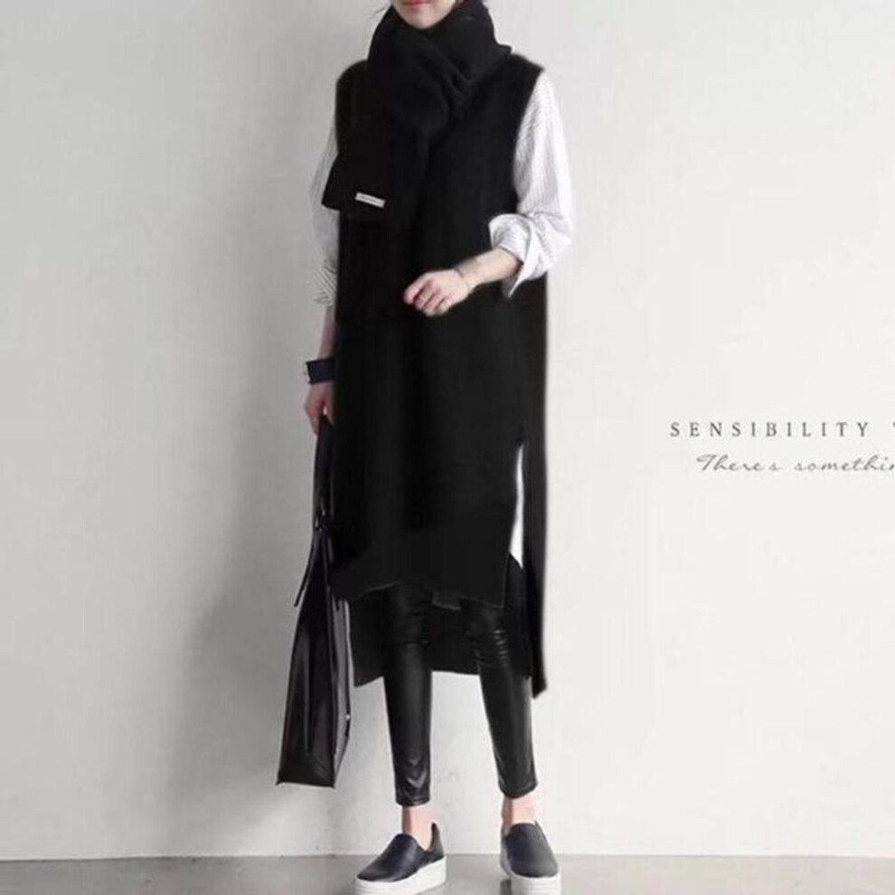 (black, One Size) "2025 Korean V-neck Sweater Vest Dress: Thick, Knit, Asymmetrical Hem, Autumn/winter, Medium-length