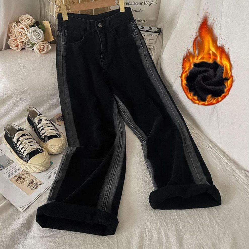 (S) Contrast Color High-Waist Velvet Wide-Leg Jeans - Autumn/Winter Warm Straight-Leg Pants for Women