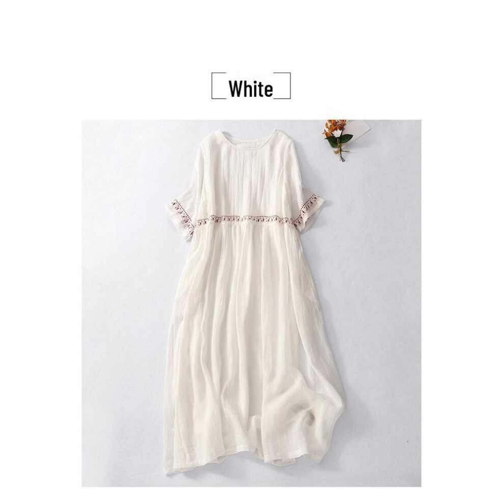 (white, Large (L)) 2023 Retro Embroidered Cotton-linen Dress - Women's Loose, Round Neck, Short Sleeve, Long Swing Skirt