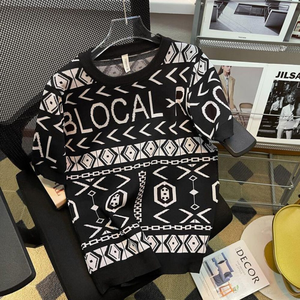 (black, XL) "Men's 2023 Trendy Slim Fit Knitted Jacquard T-shirt: Ice Silk, Round Neck, Short Sleeve, Fashionable Letter Design