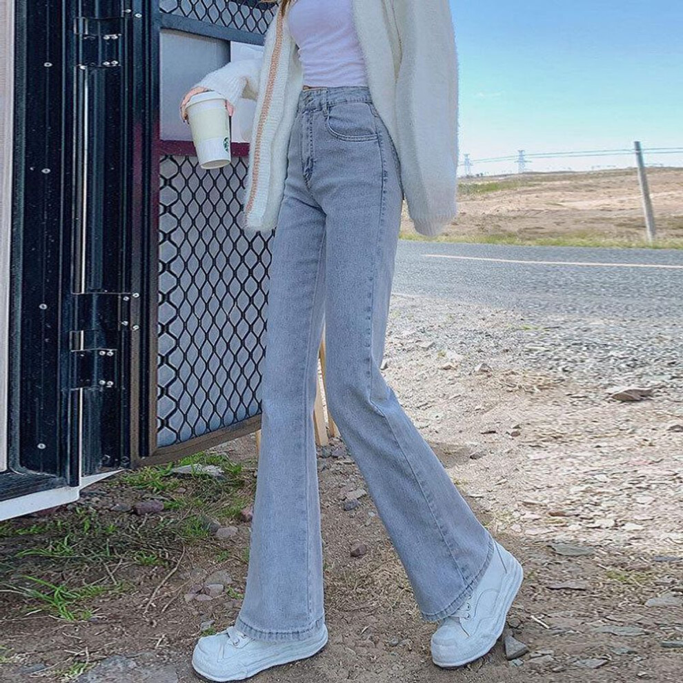 (light blue, S) Women's Light-colored Flared Jeans: Slim-fit, High-waisted, Elastic, Floor-length Horseshoe Trousers