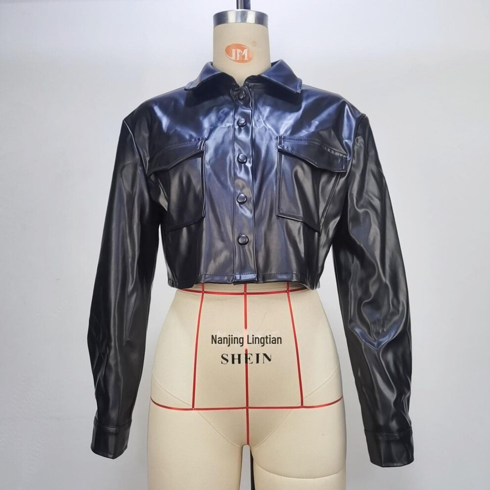 (black, XL) "2024 Women's European & American Style White Leather Crop Jacket - Black Top