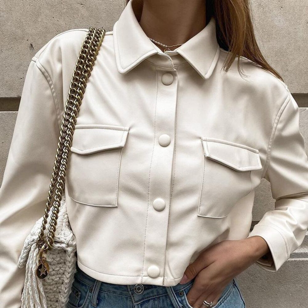 (white, S) "2024 Women's European & American Style White Leather Crop Jacket - Black Top