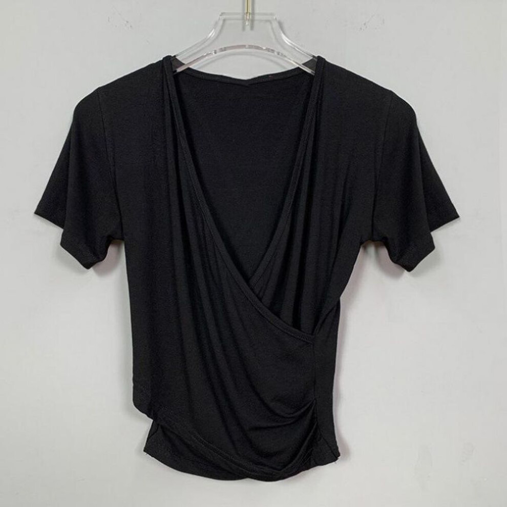 (black, M) "two-way Low-cut Cross Back Slim Fit Deep V-neck Crop Top