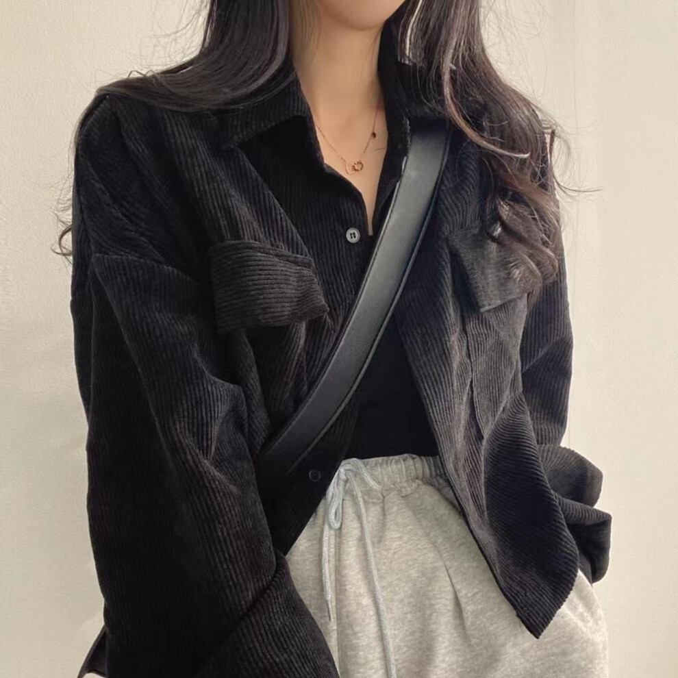 (black, XL) Women's 2024 Spring French Retro Corduroy Shirt Jacket with Lapel, Long Sleeves, Single-Breasted, All-Match Korean Chic Style