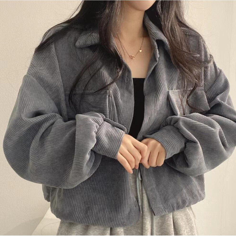 (gray, S) Women's 2024 Spring French Retro Corduroy Shirt Jacket with Lapel, Long Sleeves, Single-Breasted, All-Match Korean Chic Style