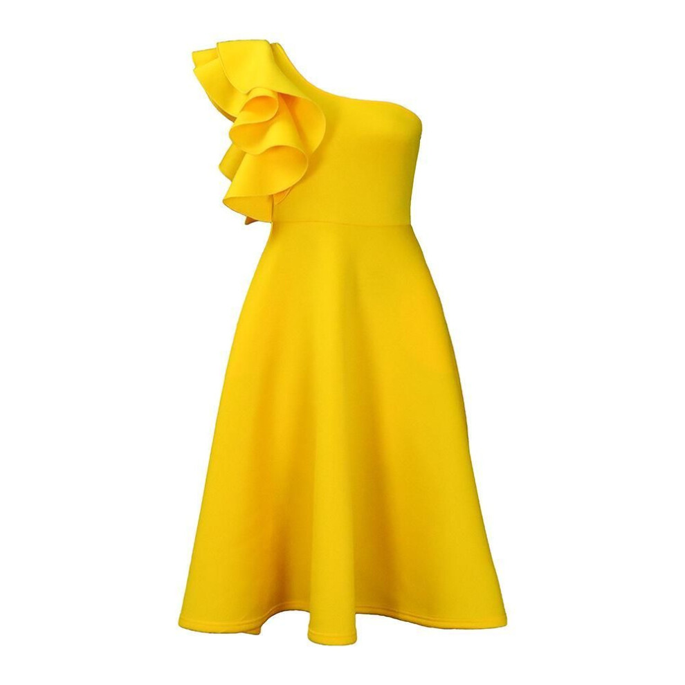 (yellow, XL) "d295 Women's Plus Size Solid Color Off-shoulder Ruffle Dress