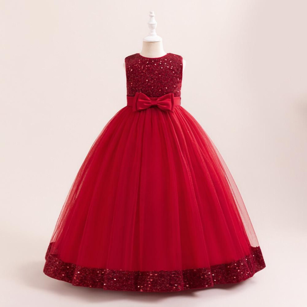 (maroon, 140cm) "new Sequin Bow Princess Dress For Girls - Elegant Long Performance Dress For Big Kids