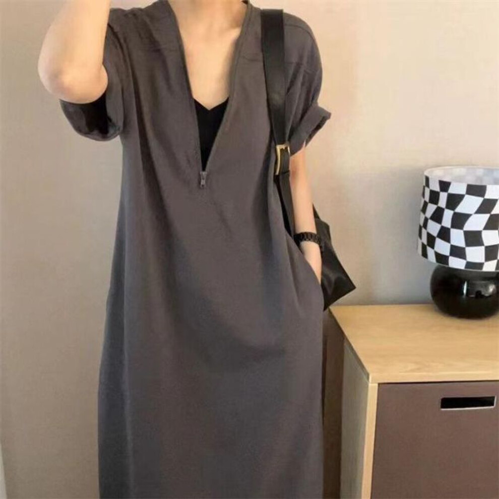 (gray, Medium) Retro Cotton Zippered A-Line Dress: Hepburn Style, Loose Fit, Solid Color, Summer Fashion