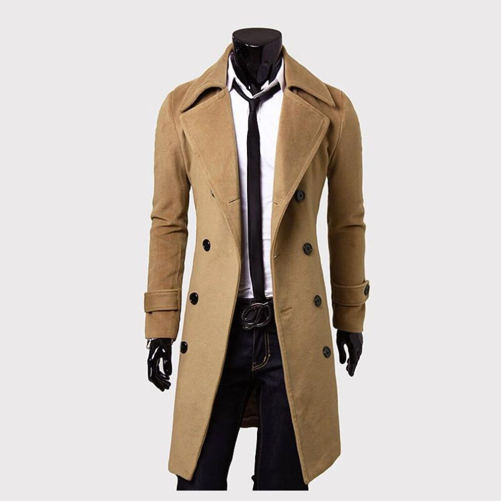 (camel, XL) Korean Men's Wool Double-breasted Fashion Trench Coat