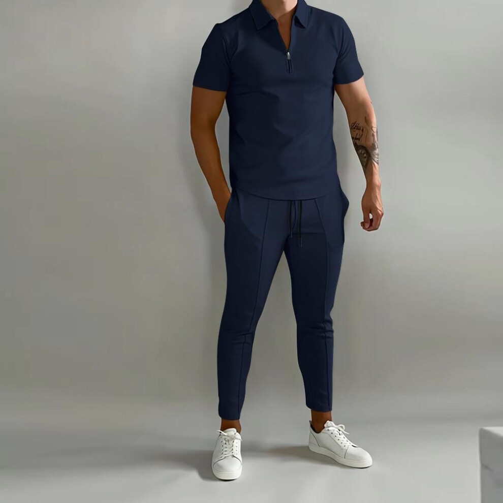 (navy blue, S) Men's Summer Suits: New Youthful Sporty Polo Shirt & Casual Pants Ensemble