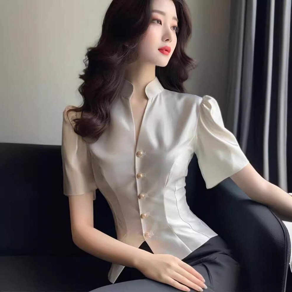 (off-white, Small) "Chic Summer Sweet & Spicy Chinese-Style Waist Shirt for Women