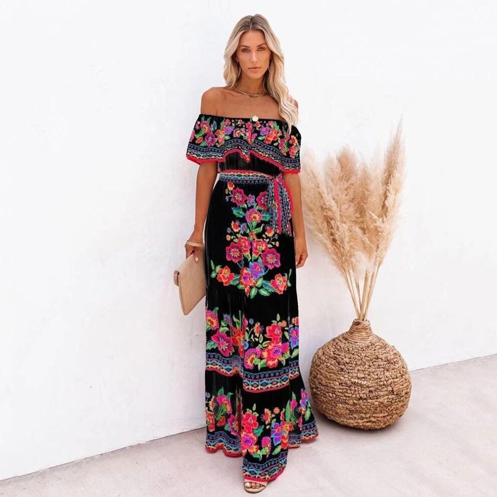 (black,red, Large) "2025 One-Shoulder Red Floral Print Long Swing Dress for Spring/Summer